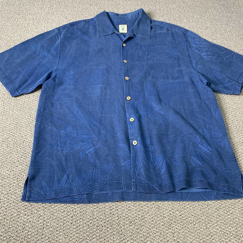 Jamaica‎ Jaxx Mens Shirt Size XL Blue Floral Silk Button Up Short Sleeves Pocket